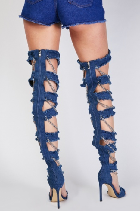 Raw Edge Denim Chain Trim Heels back