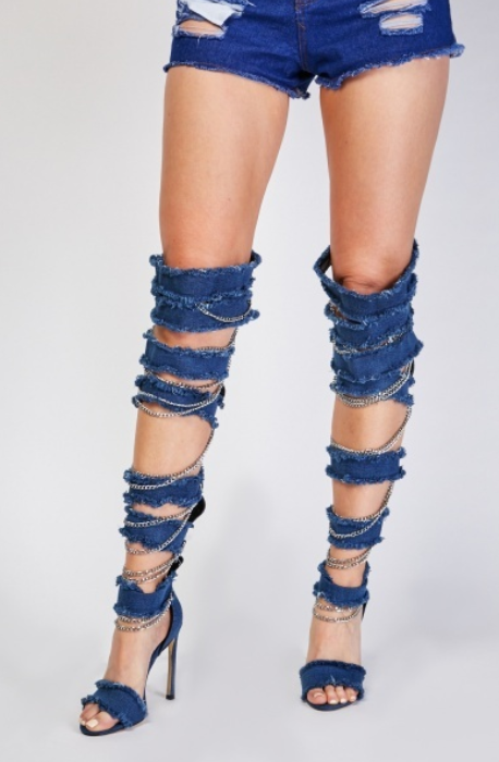 Raw Edge Denim Chain Trim Heels