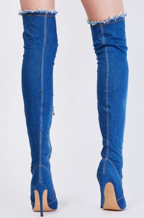 Row Edge Denim Open Toe Knee High Boots back